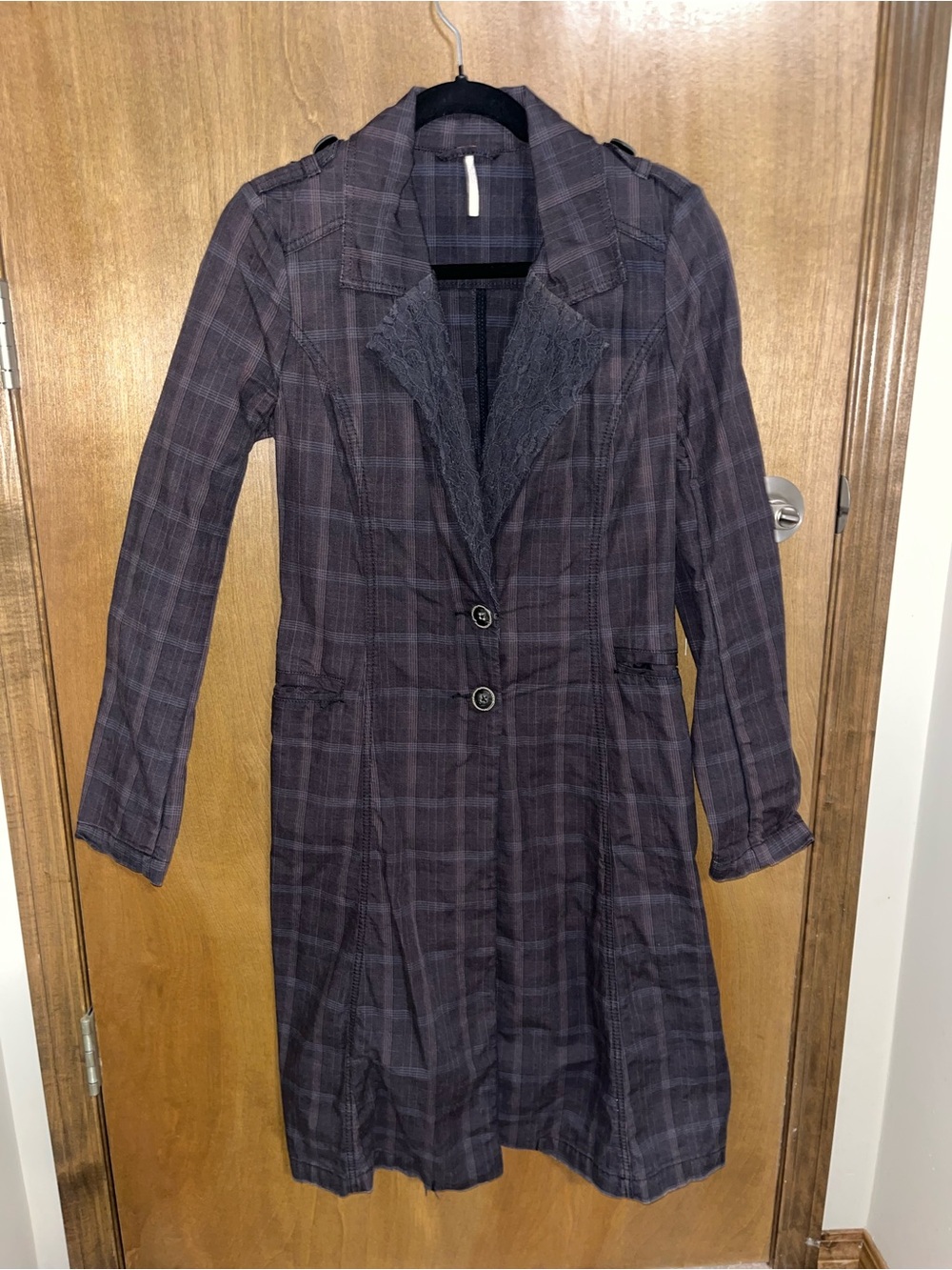 Free People Plaid and Lace Long Coat